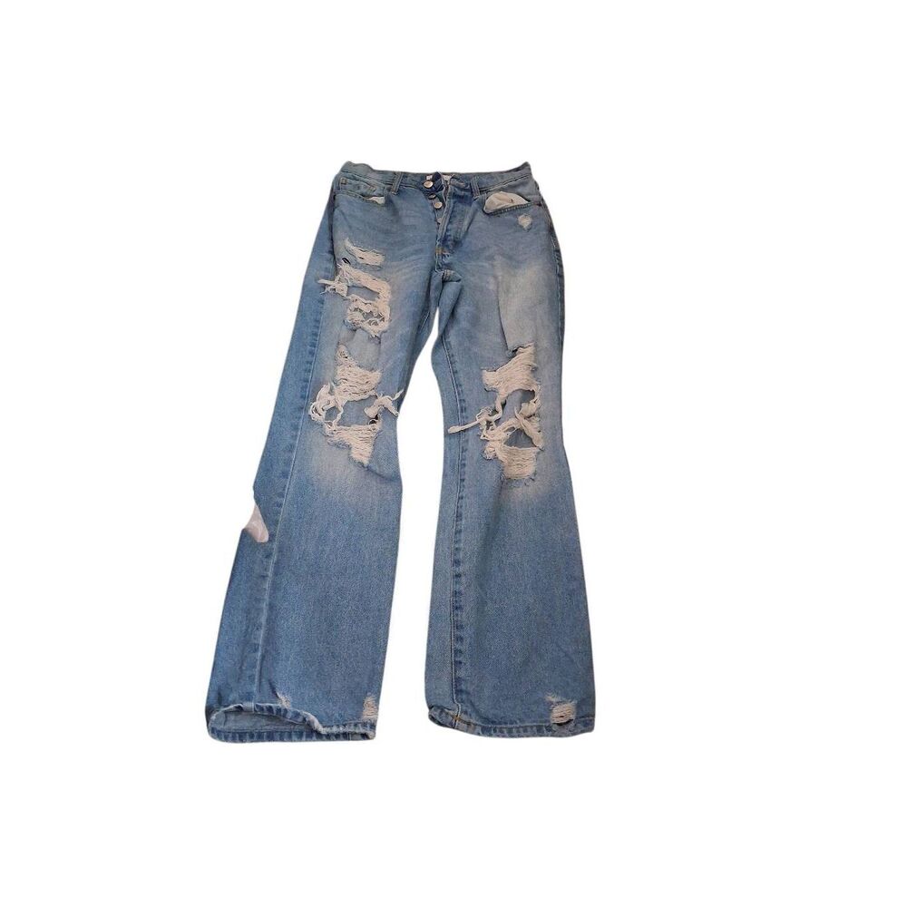 Cello women's/ junior's 3 factory distressed wide leg denim jeans
